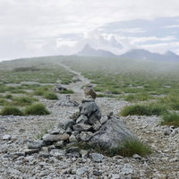 双六岳山頂のケルンとガスの向こうに見える槍ヶ岳の写真