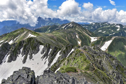 水晶岳からの眺望、晴天の鷲羽岳と槍ヶ岳方面