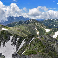 水晶岳山頂から見る鷲羽岳と北アルプス南部の連なる山々の写真