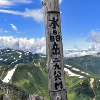水晶岳山頂碑と夏山の稜線の写真