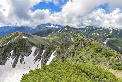 青空と白い雲が広がる水晶岳稜線からの景色