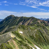 北アルプス鷲羽岳から水晶岳へと続く稜線の山々の写真