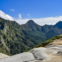 展望の良い赤岩の頭から見た八ヶ岳と連なる山並みの写真