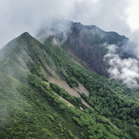 湧き上がる雲に包まれる深い緑の八ヶ岳・赤岳登山道の写真