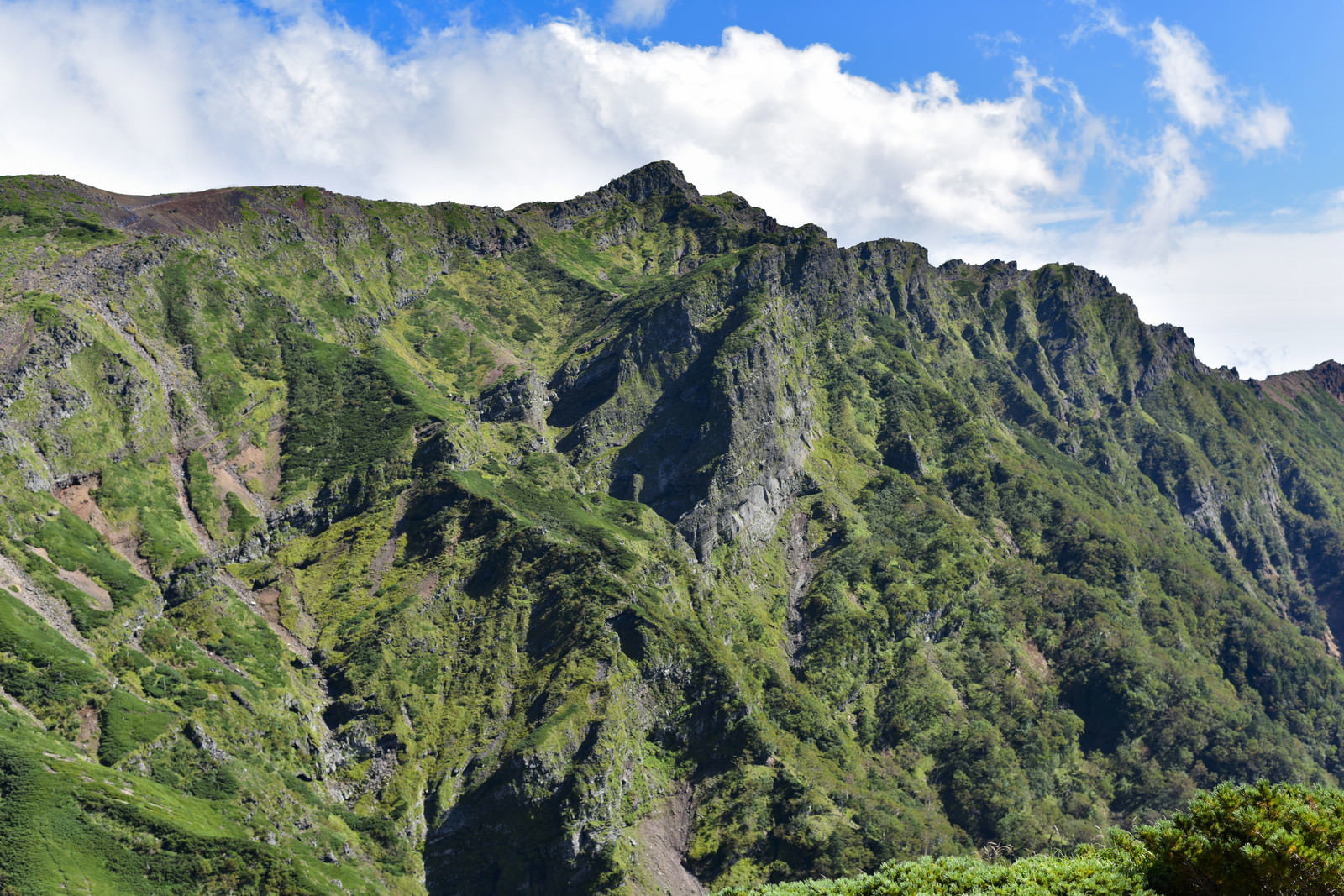 硫黄岳登山道から見る横岳・赤岳の稜線