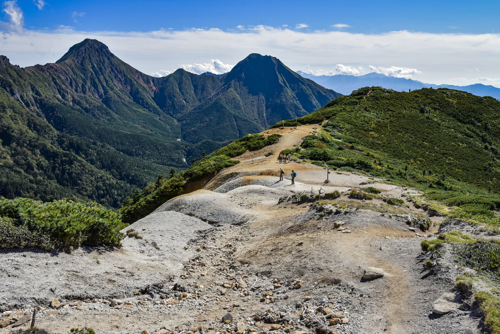 青空の下、赤岳を背景に硫黄岳の稜線を歩く登山者たちの様子