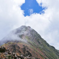 青空の下に顔を出した赤岳山頂（地蔵尾根から望む日本百名山）の写真