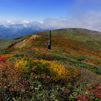 青空のもとに色づく紅葉の栗駒山登山道と秋の尾根風景の写真