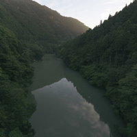 早朝の多摩川上流の静かな水面の写真
