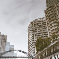 湖面に反射した高層マンション群と橋の都市景観の写真