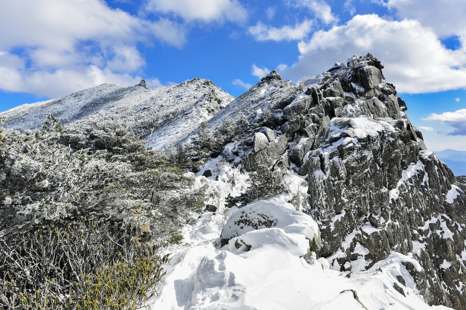 雪に覆われた金峰山千代ノ吹上の岩稜帯と青空