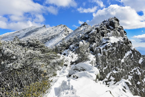 冬の金峰山千代ノ吹上、雪化粧した岩稜帯と青空