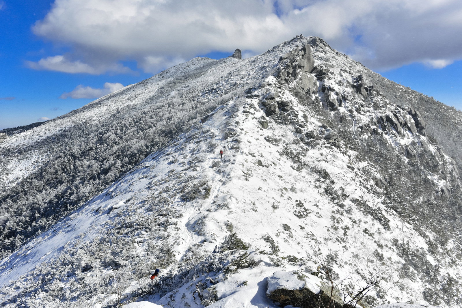 雪に覆われた金峰山山頂付近で五丈岩に向かって歩く登山者