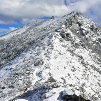 金峰山山頂の五丈岩を目指して雪の岩稜地帯を歩む登山者の写真