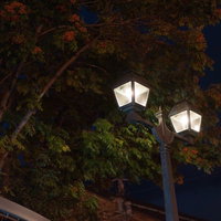 常夜灯に照らされた秋の紅葉と夜景の写真