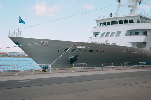 神戸港の埠頭に碇泊するルミナス神戸2の全景