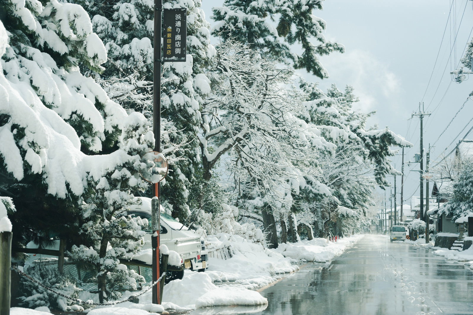 雪が積もった並木と融雪された道路が続く冬の商店街の風景