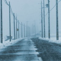 雪国の降雪とどこまでも続く電柱が並ぶ冬道の写真