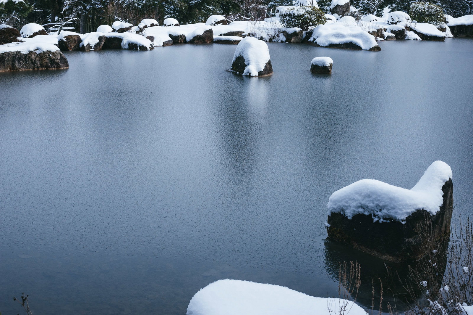 雪に覆われた石が点在する静かな水面の冬景色