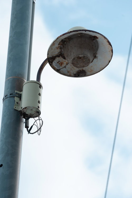 青空を背景に蜘蛛の巣が張り付いた街灯の昼間風景