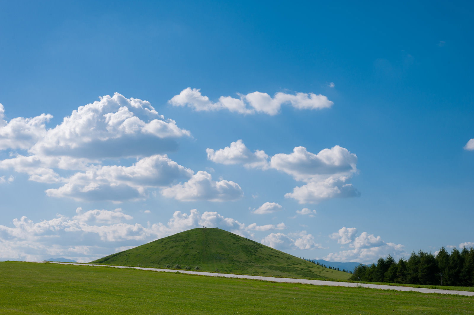 快晴の青空の下、緑の丘陵地帯にあるモエレ山の風景