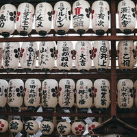 錦天満宮の境内に吊るされた白い提灯と参拝者の祈願の写真