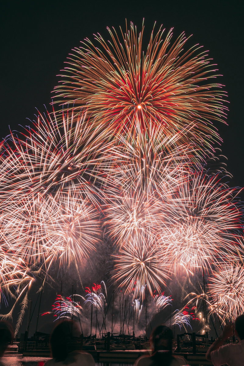 夜空に色とりどりの花火が打ち上げられるびわ湖花火大会の様子