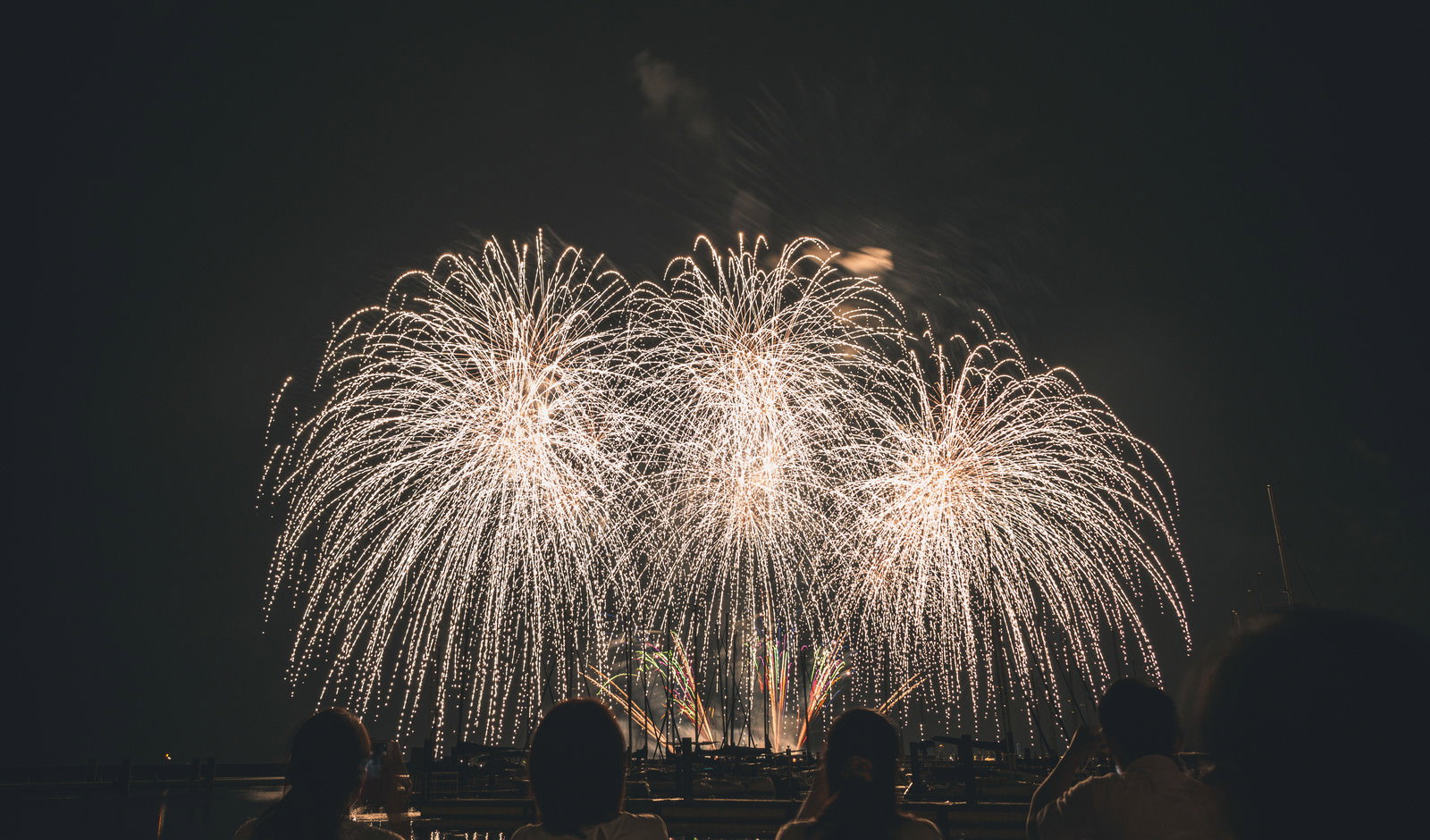 夜空に大きく広がる白い打上げ花火と見上げる観客たち
