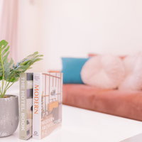 白いリビングテーブル上に置かれた観葉植物と洋書の写真