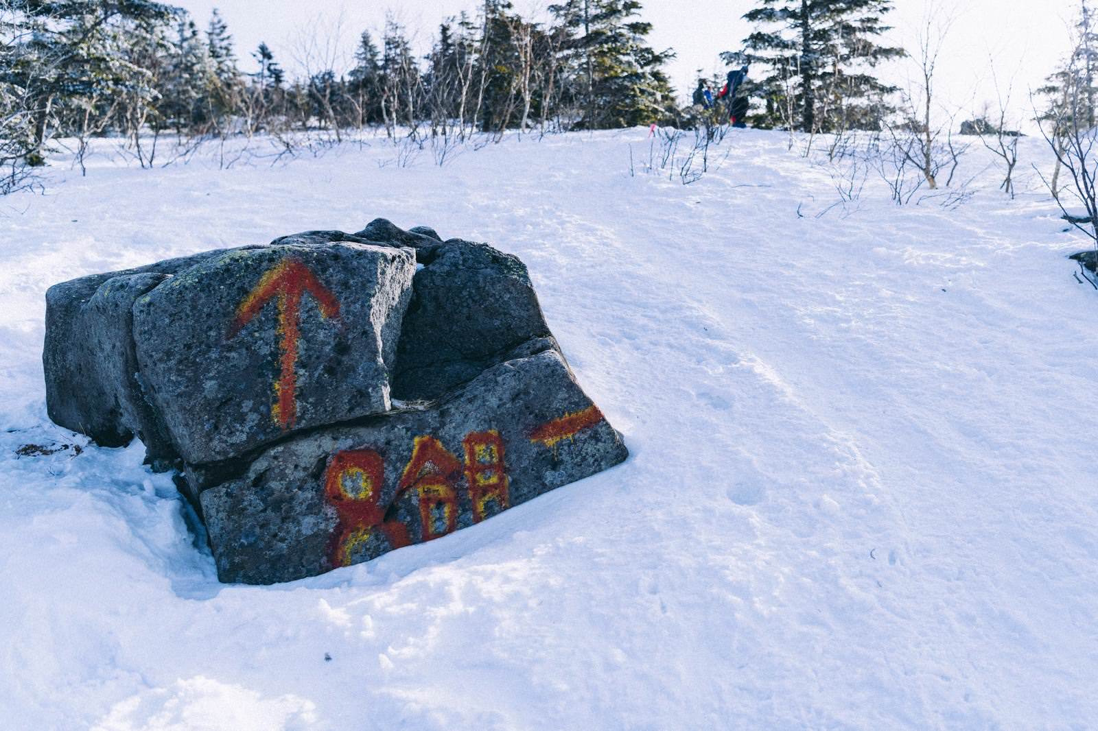 雪に埋もれた四阿山の緑色登山道標識と赤い矢印