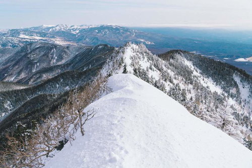日本百名山・四阿山山頂の雪稜ナイフリッジ