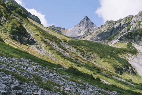 天狗原方面から見る槍ヶ岳の鋭利な岩峰と登山道