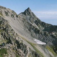 晴天の空の下、岩峰がそびえ立つ槍ヶ岳の山頂と登山者の写真