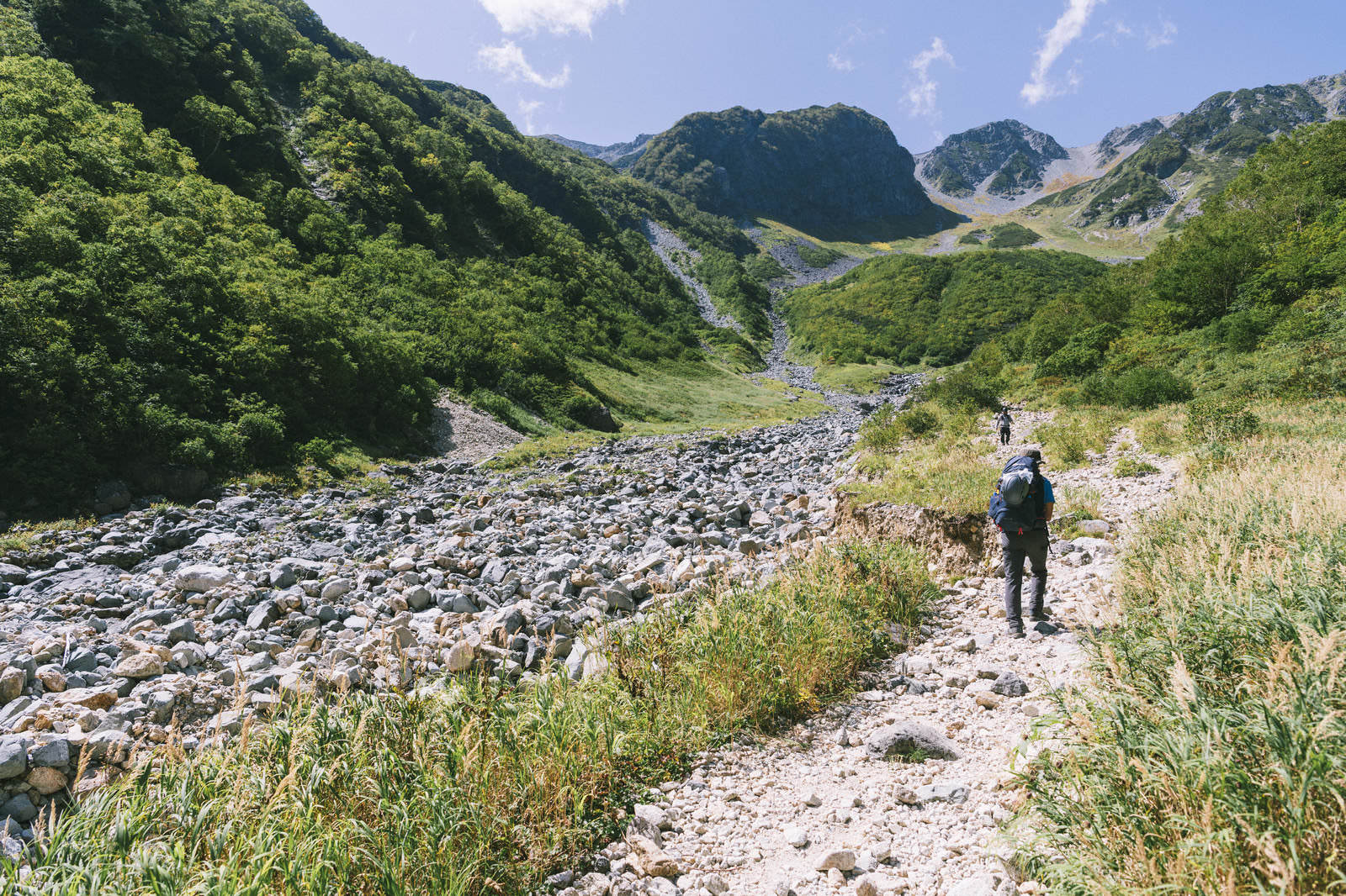 槍ヶ岳の槍沢登山道を進む登山者と緑の樹林帯と遠くの山々