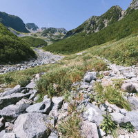 槍沢から見える槍ヶ岳の巨大なカールを見上げるの写真