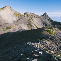 北アルプスの稜線から眺める槍ヶ岳と中岳の山並みの写真