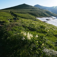 飯豊本山から御西小屋へ続く緑の稜線と登山道の写真