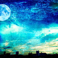 夜空に浮かぶ巨大な月と都市のシルエットのフォトモンタージュの写真