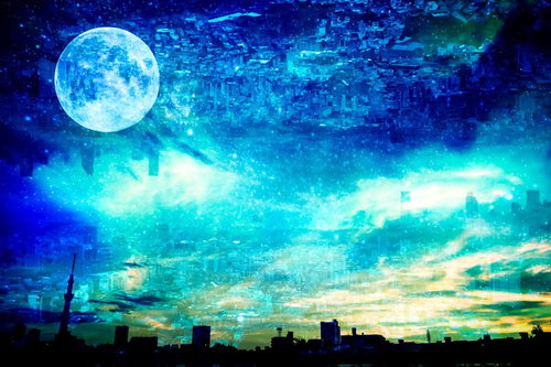 夜空に浮かぶ巨大な月と都市のシルエットのフォトモンタージュ