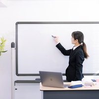 ホワイトボードに書いて説明する女性講師の研修風景の写真