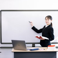 ホワイトボードの前で生徒に顔を向けて指導する女性講師の写真