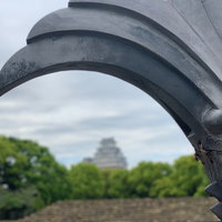 姫路城の鯱先と天守閣の金色装飾と城郭全景の写真