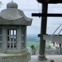 神社の境内に立つ石灯籠と社殿の風景の写真