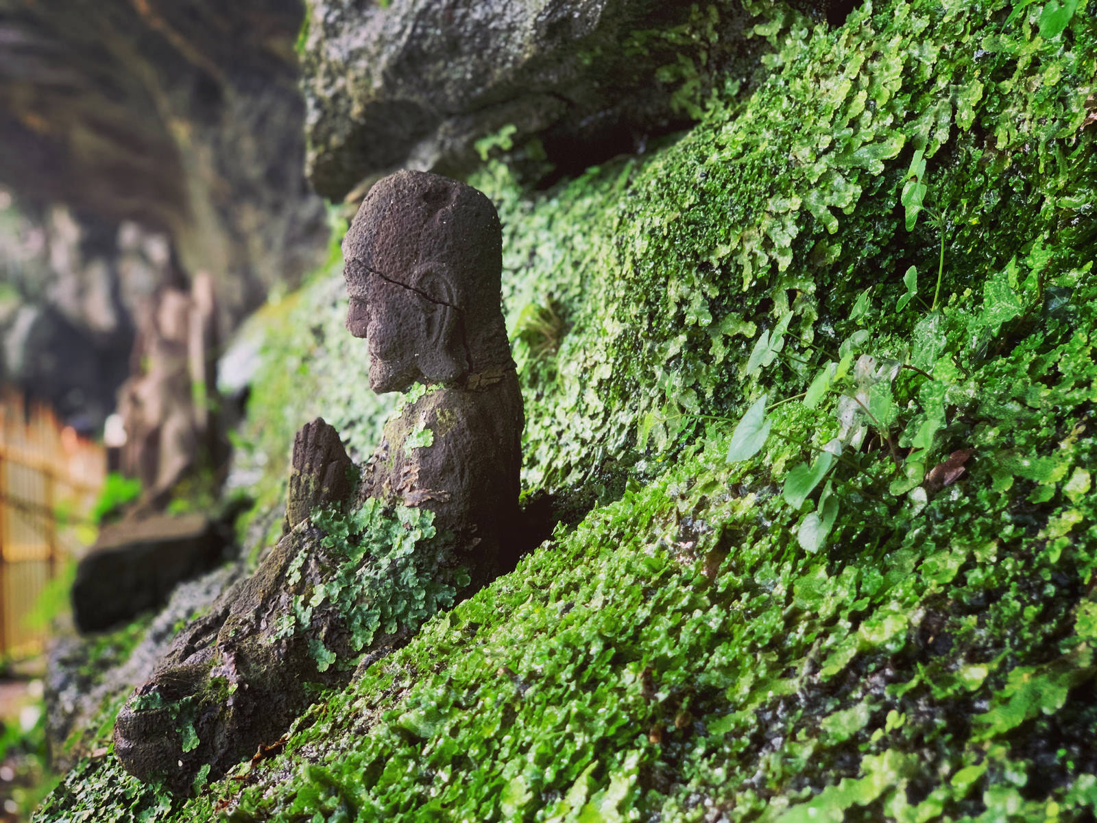 岩壁に佇む苔に覆われた古い石仏のお地蔵さん