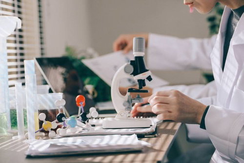 顕微鏡を使って標本を観察する研究者の研究室風景