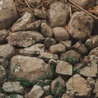 苔むした古い石垣の風情あふれる積み石壁の写真