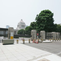 国会議事堂参議院入口の白い門柱と鉄製の閉門の写真