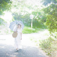 夏の日差しと木陰で日傘を差す女性の爽やかなポートレートの写真