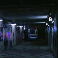 薄明かりな不気味なトンネル通路、廃墟の地下道の写真