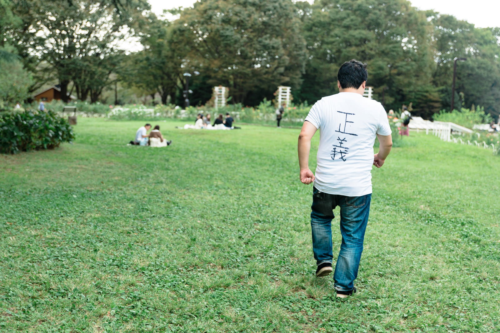 白いTシャツとジーンズを着た男性が公園の芝生を歩く後ろ姿［モデル：段田隼人］